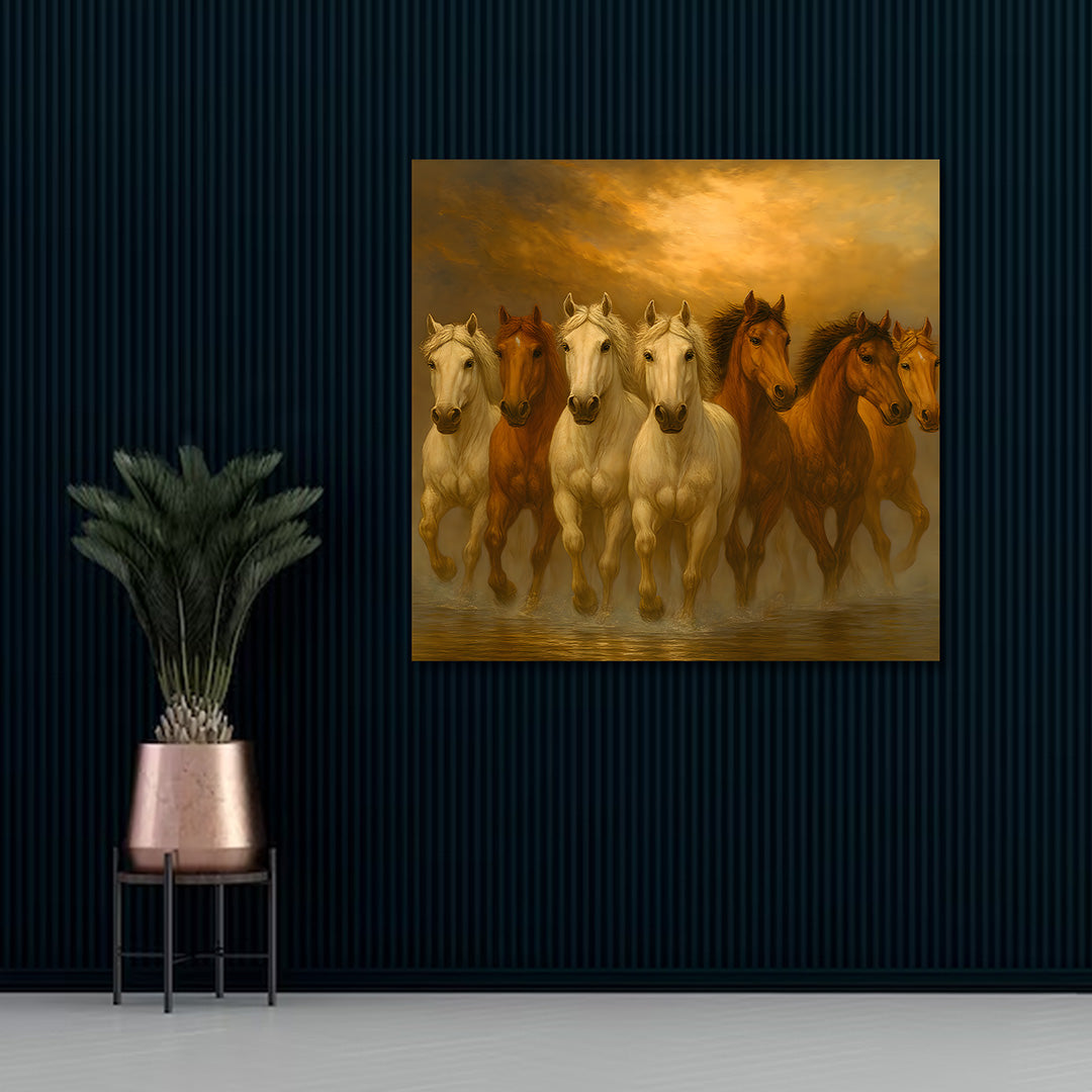 Seven Running Horses Canvas Painting Frame Wall Decor for Living Room Vastu Horse Artwork