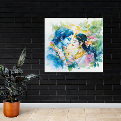 Radha Krishna Watercolor Floral Canvas Painting Frame Wall Art for Living Room Decor