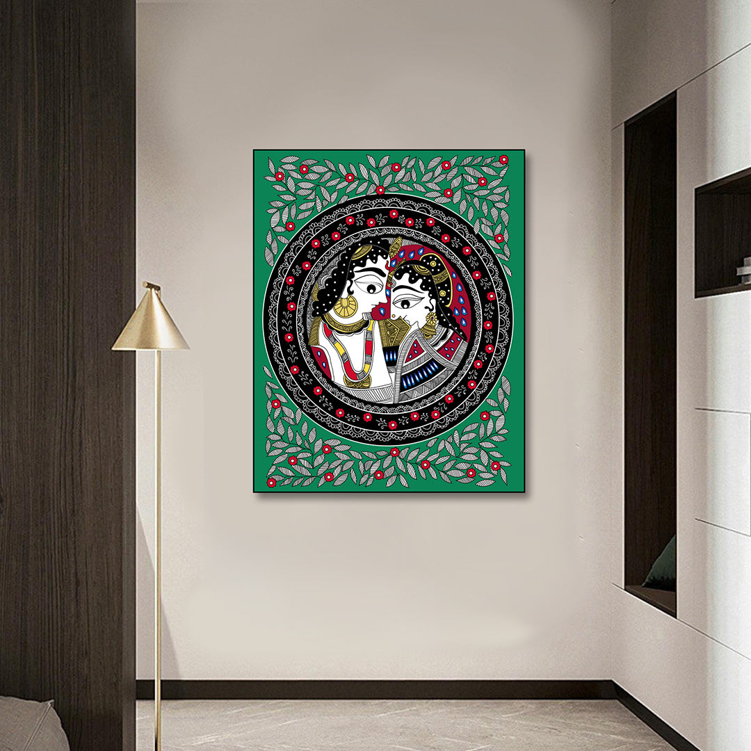 Radha Krishna Madhubani Art Canvas Painting Frame Wall Decor for Living Room Traditional Artwork