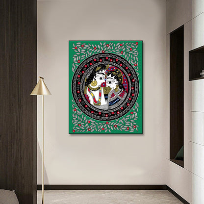 Radha Krishna Madhubani Art Canvas Painting Frame Wall Decor for Living Room Traditional Artwork