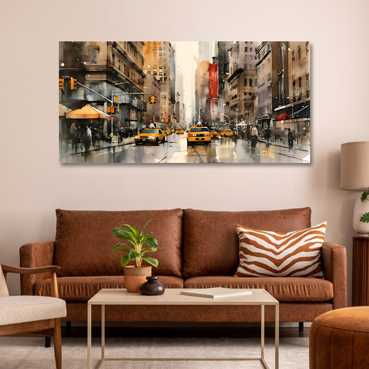 Modern City Street Canvas Wall Art with Yellow Taxi Urban Painting