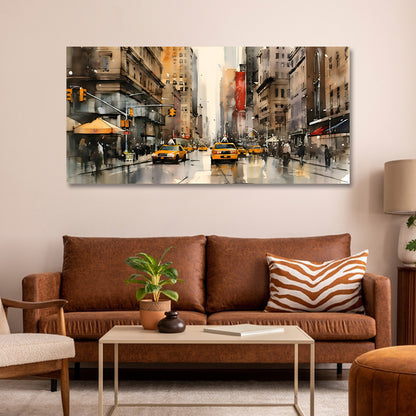Modern City Street Canvas Wall Art with Yellow Taxi Urban Painting