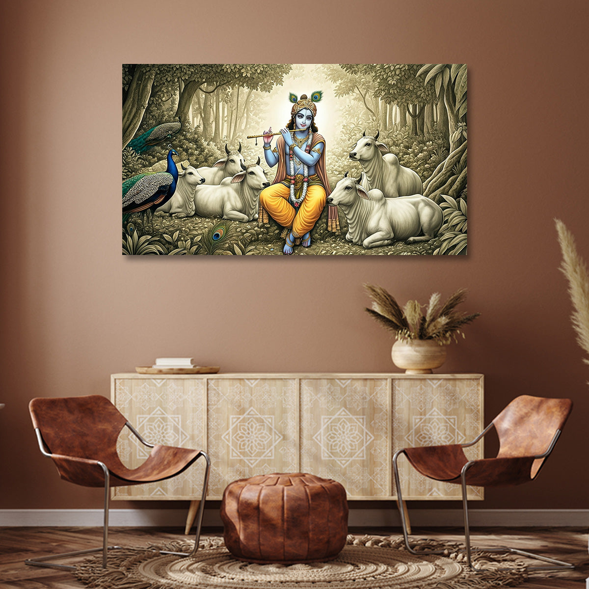 Lord Krishna with Cow Canvas Painting Frame Wall Decor for Living Room Spiritual Nature Artwork
