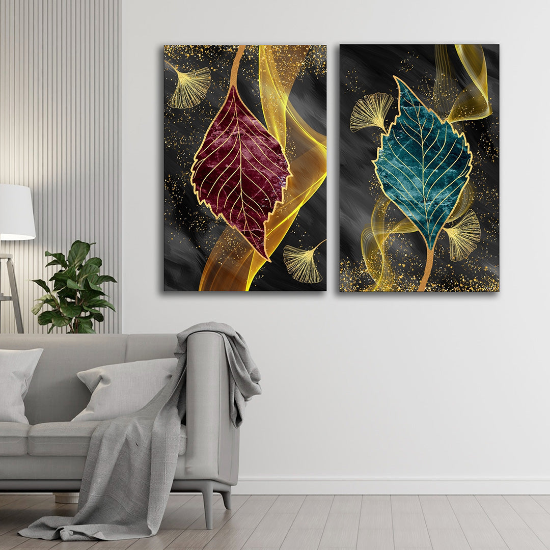 Abstract Gold Leaf Canvas Painting Wall Art Set – Large Size Frame (18 x 24 Inches Each Part)
