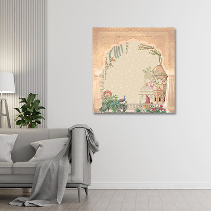 Mughal Palace Peacock Canvas Wall Art | Arch Garden Scene Painting | Elegant Indian Heritage Decor