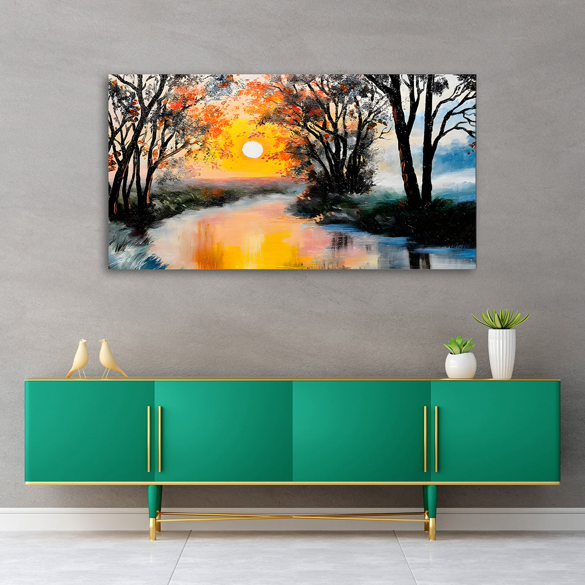 Sunset River Landscape Wall Painting | Modern Nature Canvas Art with Trees | Horizontal Acrylic UV Printed Wall Decor for Living Room