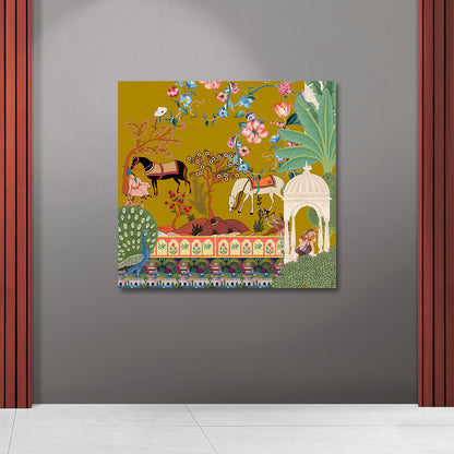 Royal Garden Scene Canvas Wall Painting | Indian Miniature Art Inspired Horse & Nature Artwork | Premium Ethnic Wall Decor