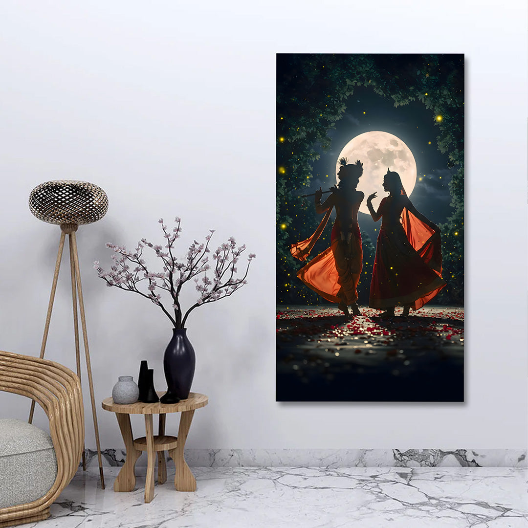 Radha Krishna Canvas Wall Painting Frame | Romantic Moonlight Couple Canvas Wall Art for Living Room | Large Size Spiritual Love Painting for Home Decor & Gifting