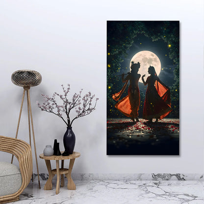 Radha Krishna Canvas Wall Painting Frame | Romantic Moonlight Couple Canvas Wall Art for Living Room | Large Size Spiritual Love Painting for Home Decor & Gifting
