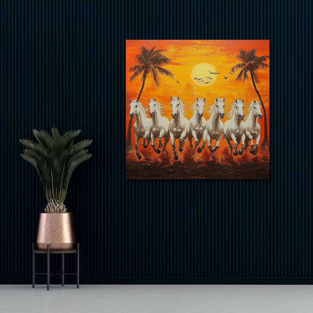 Seven White Horses Sunset Canvas Painting Frame Wall Decor for Living Room Palm Tree Vastu Artwork