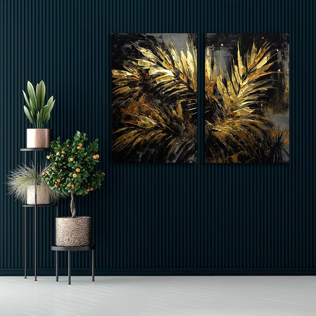 Abstract Gold Palm Leaf Canvas Painting Wall Art Set Frame (18 x 24 Inches Each Part)