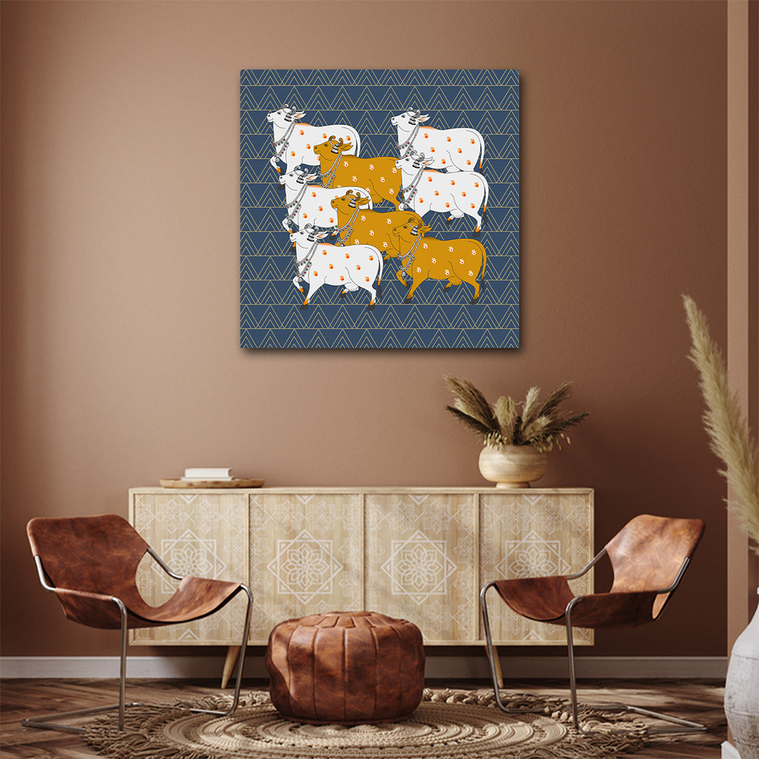 Pichwai Indian Traditional Canvas Wall Art Canvas Frame | Traditional Pichwai Holy Cows Art | Group of Sacred Kamdhenu Modern Wall Art Decors
