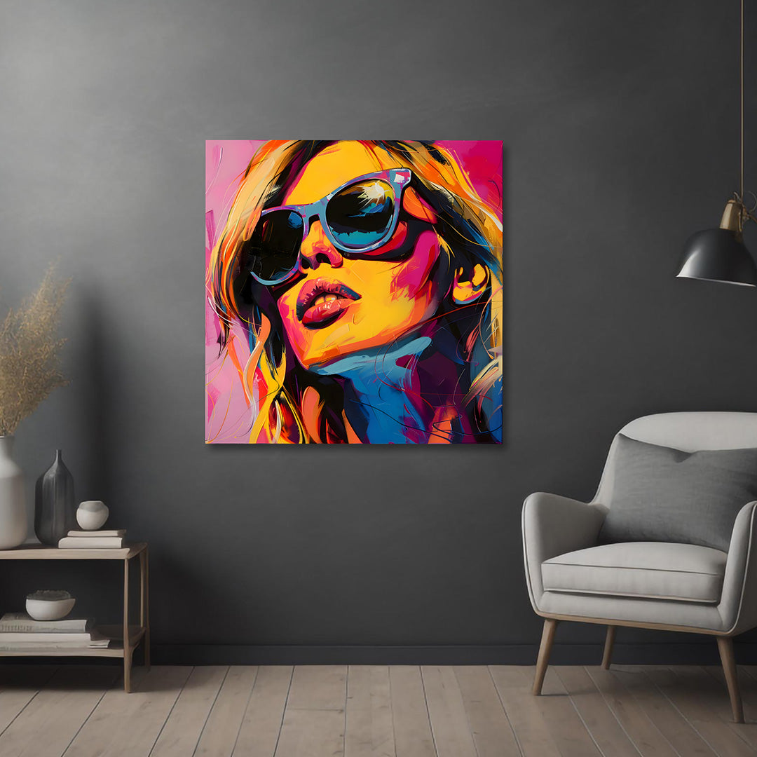 Pop Art Woman Canvas Painting Frame – Modern Fashion Sunglasses Canvas Wall Art Painting Frame for Living Room Wall Decor