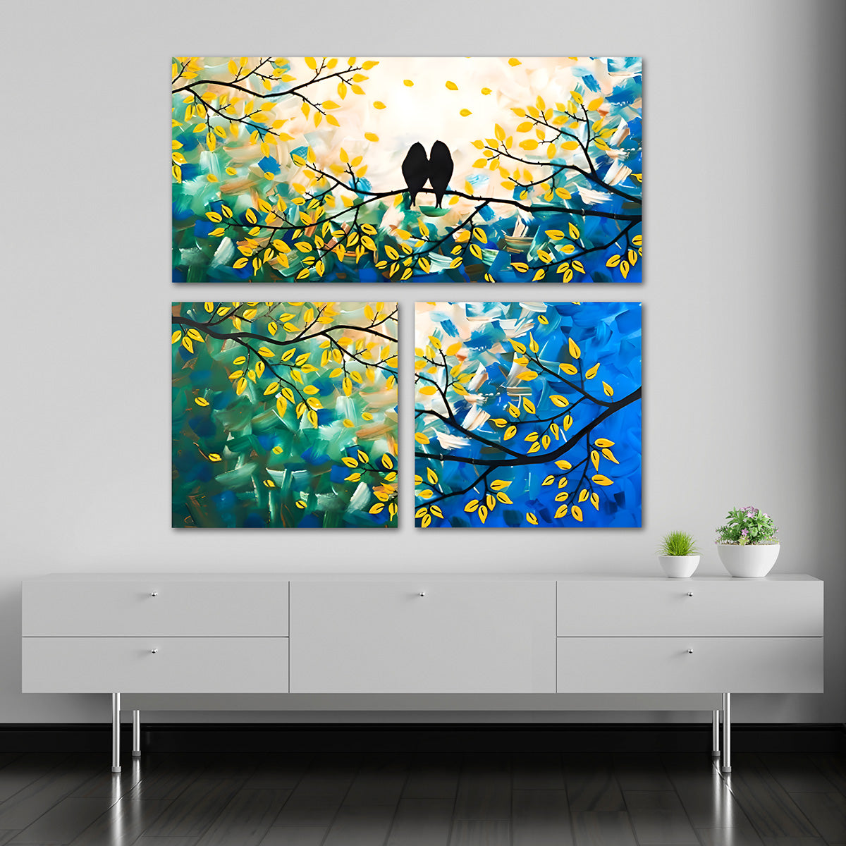Abstract Love Birds Tree Canvas Painting Wall Art Set – Frame for Living Room (36 x 36 Inches Total Part)