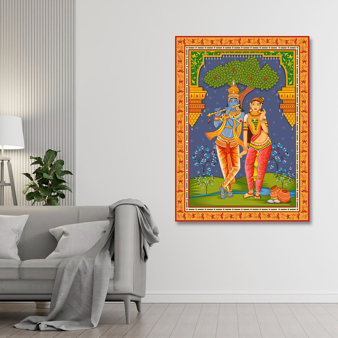 Radha Krishna Traditional Folk Art Canvas Painting Frame Wall Decor for Living Room Ethnic Artwork