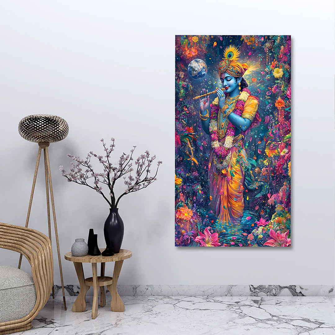 Lord Krishna Vibrant Floral Canvas Painting Frame Colorful Spiritual Wall Decor for Living Room