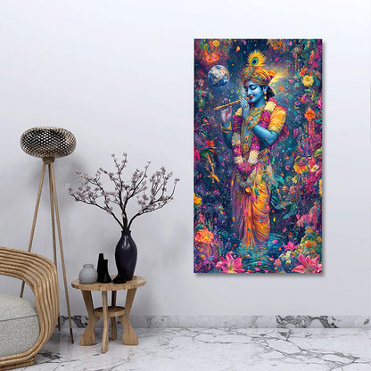 Lord Krishna Vibrant Floral Canvas Painting Frame Colorful Spiritual Wall Decor for Living Room