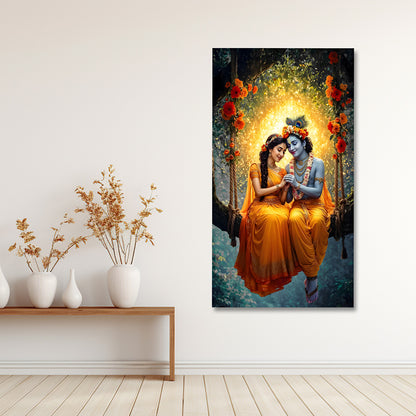 Radha Krishna Jhula Canvas Painting Frame | Golden Aura Romantic Wall Art | Premium Spiritual Canvas Wall Decor for Living Room
