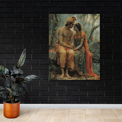 Radha Krishna Vintage Style Canvas Painting Frame Romantic Spiritual Wall Art for Living Room Décor