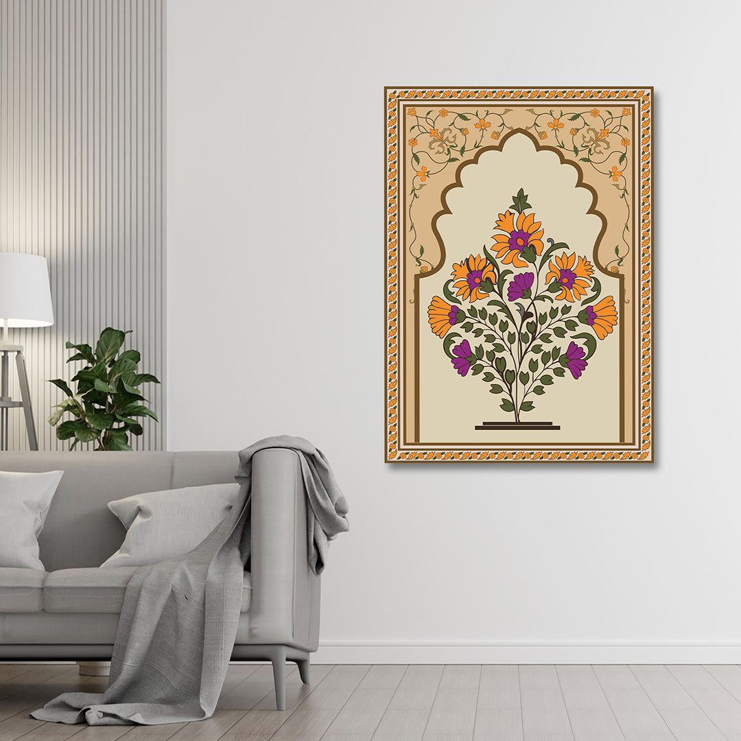 Floral Arch Canvas Wall Painting | Traditional Indian Botanical Artwork | Elegant Ethnic Wall Decor