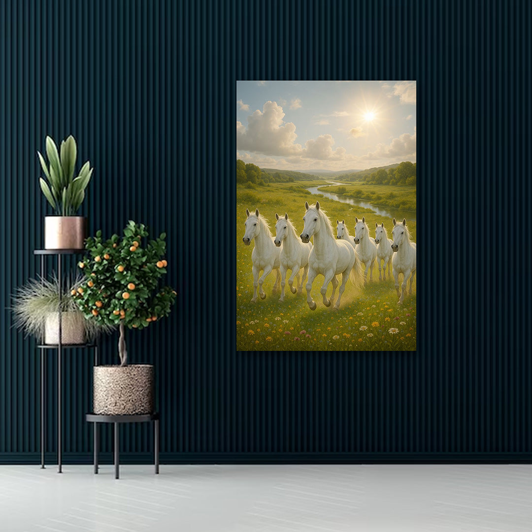 7 Running White Horses Meadow Painting | Nature Landscape Canvas Art for Vastu Home Decor