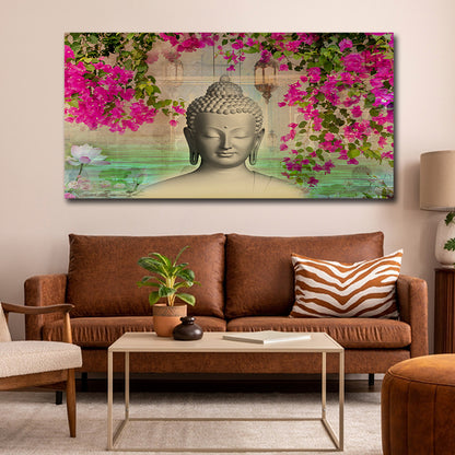 Lord Buddha Wall Painting with Floral Background – Peaceful Canvas Wall Art