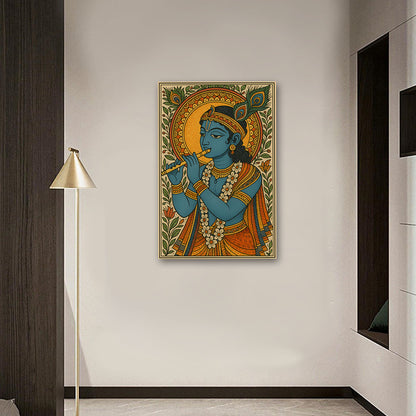 Lord Krishna Folk Art Canvas Painting – Traditional Flute Krishna Wall Art Canvas Painting Frame for Living Room