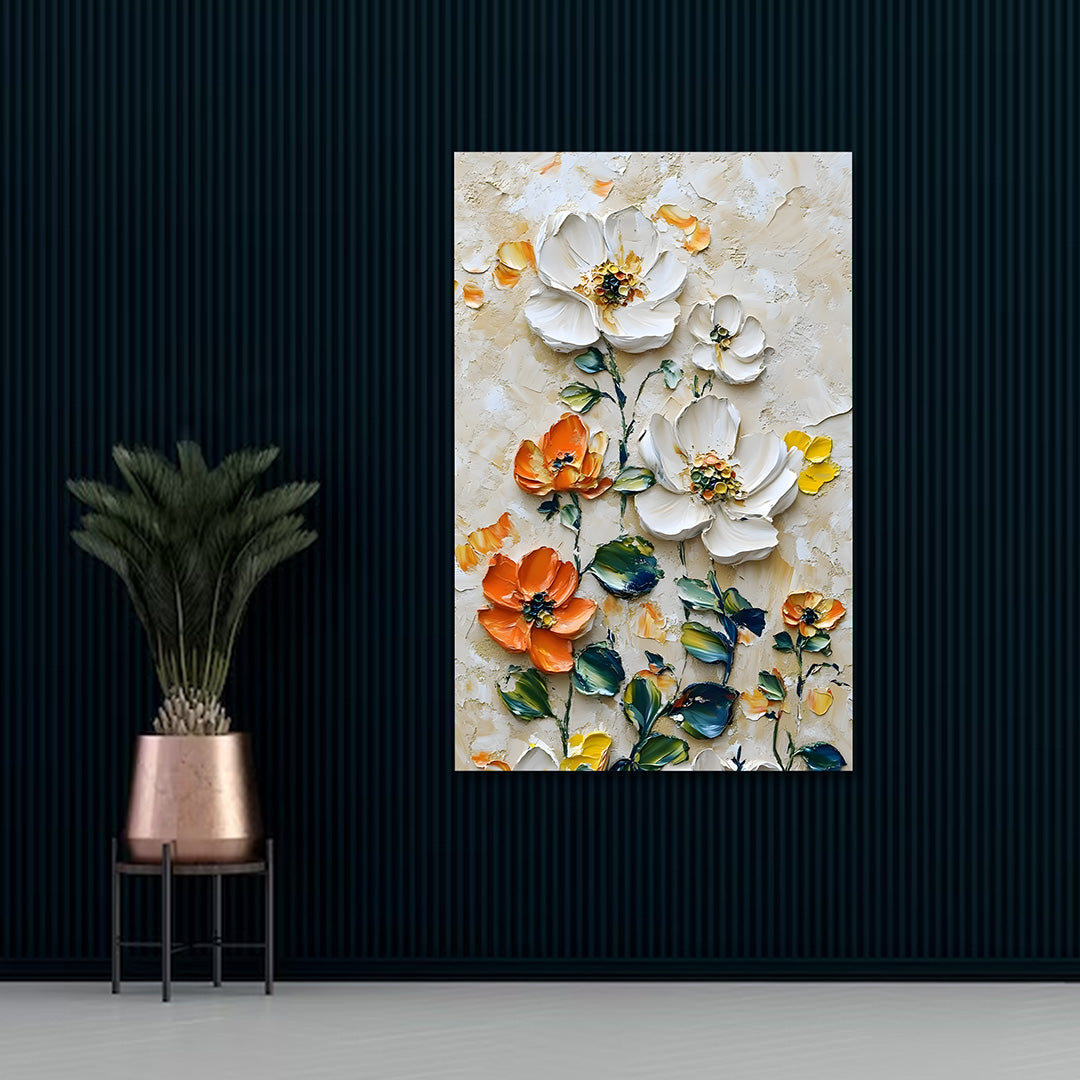 3D Textured Floral Wall Painting | Elegant White & Orange Flower Canvas Art | Vertical Acrylic UV Printed Wall Decor for Living Room Bedroom