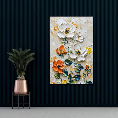 3D Textured Floral Wall Painting | Elegant White & Orange Flower Canvas Art | Vertical Acrylic UV Printed Wall Decor for Living Room Bedroom