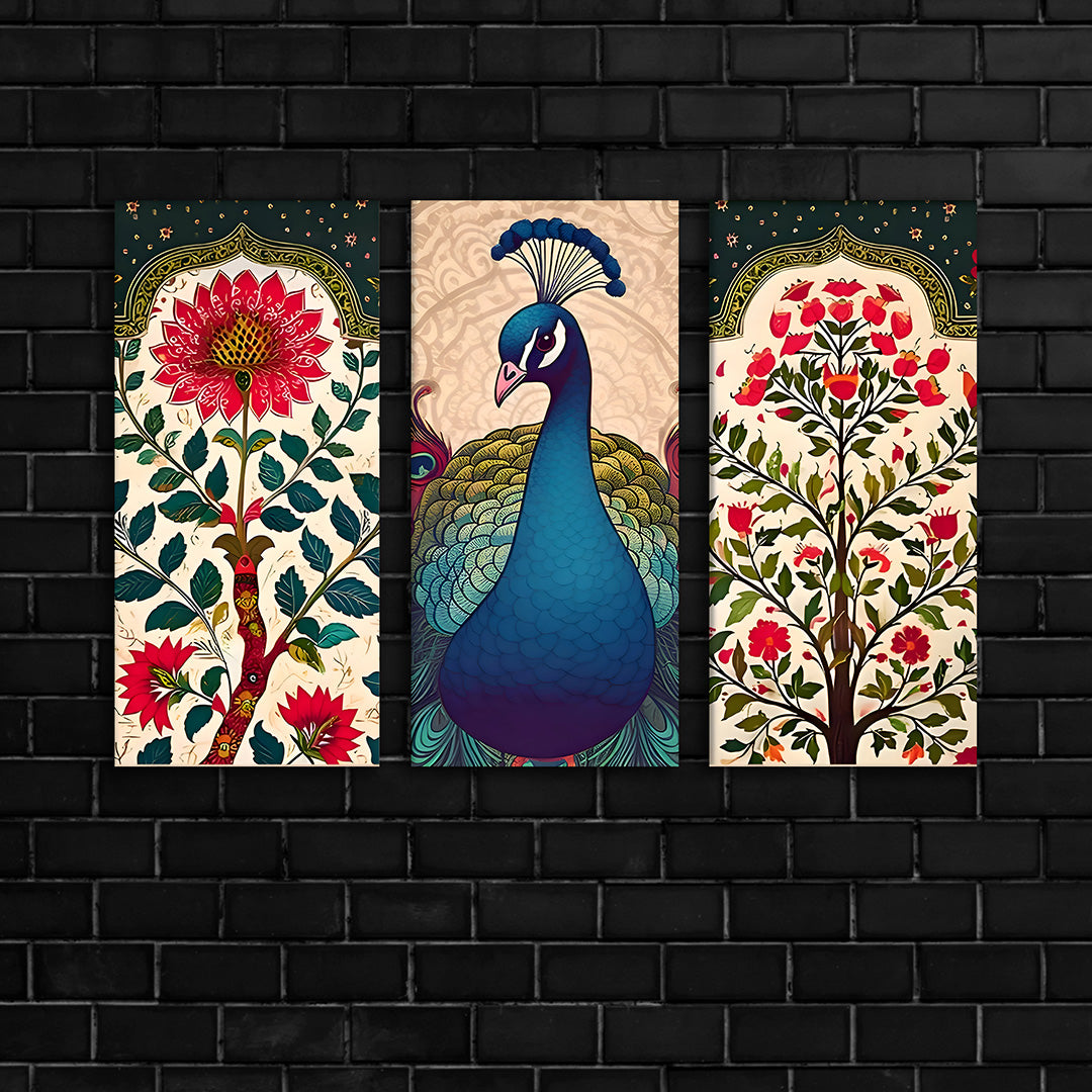 Peacock Madhubani Canvas Painting 3 Panel Wall Art for Living Room (12 x 24 Inches Each Part)
