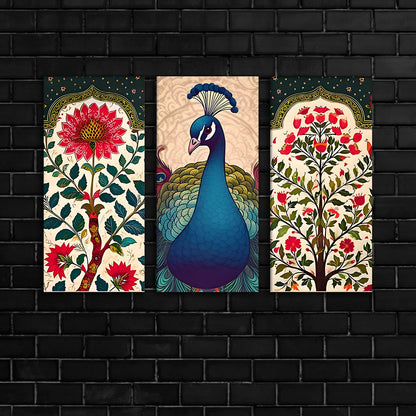 Peacock Madhubani Canvas Painting 3 Panel Wall Art for Living Room (12 x 24 Inches Each Part)