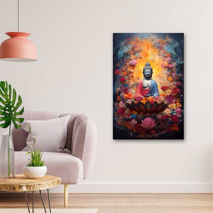 Meditating Buddha Lotus Wall Painting | Spiritual Floral Canvas Art for Peaceful Home Decor