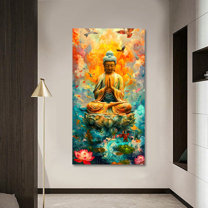 Premium Buddha Canvas Wall Painting Frame with Lotus | Large Size Spiritual Canvas Wall Art for Living Room Wall Decor | Modern Buddha Painting