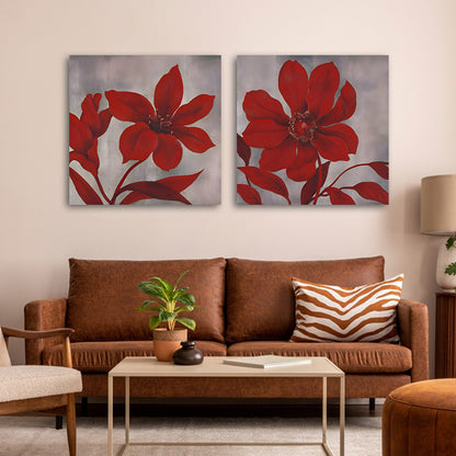 Abstract Red Floral Canvas Painting Wall Art Set – Large Size Frame for Living Room (18 x 18 Inches Each Part)
