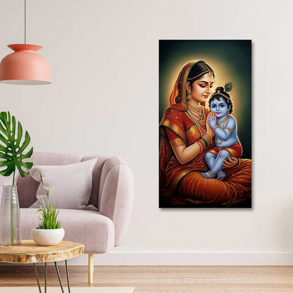Yashoda Krishna Portrait Canvas Painting Frame Wall Decor for Living Room Vertical Spiritual Artwork