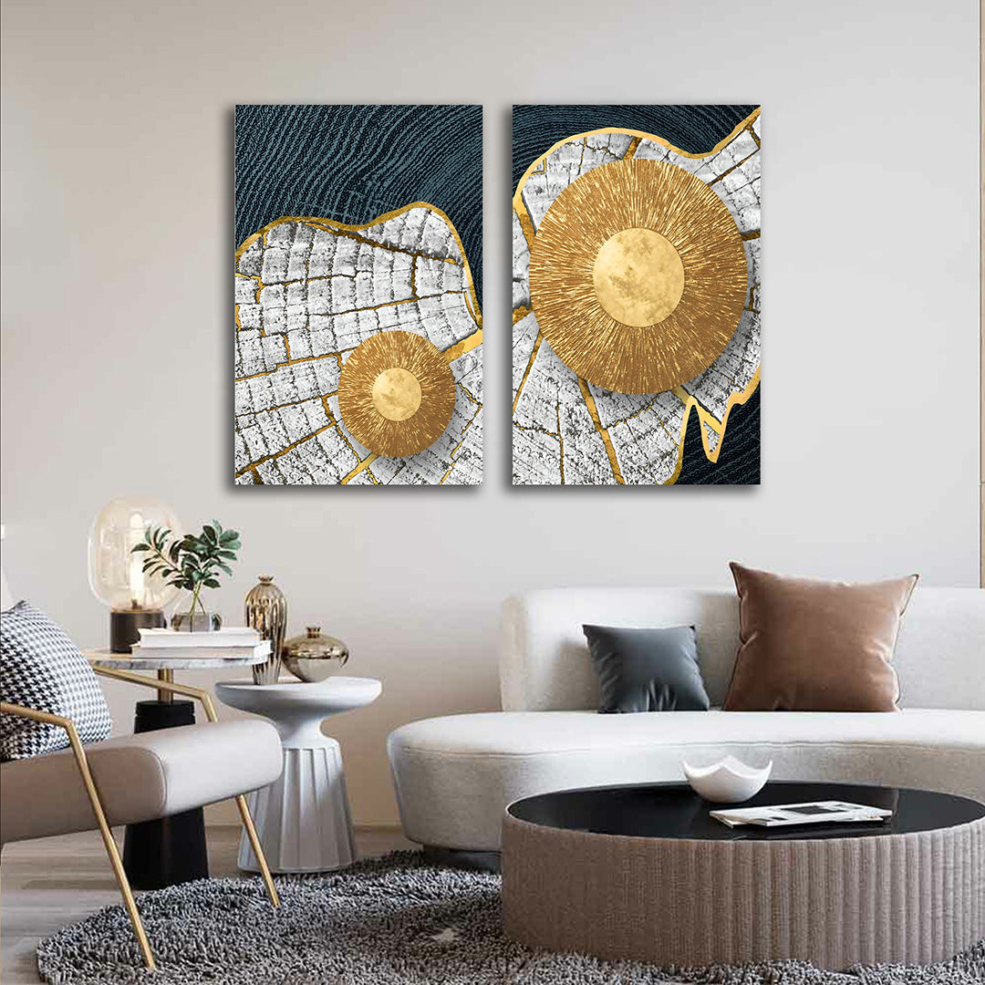 Gold Sunburst Abstract Canvas Painting Set of 2 Modern Wall Art (18 x 24 Inches Each Part)