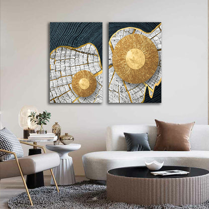 Gold Sunburst Abstract Canvas Painting Set of 2 Modern Wall Art (18 x 24 Inches Each Part)