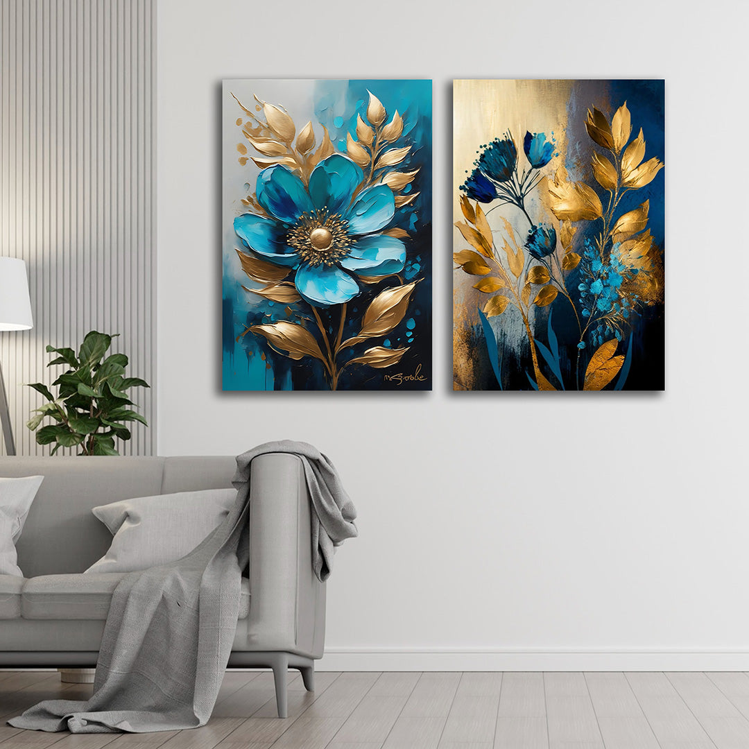 Teal Blue Gold Floral Canvas Painting Set of 2 Modern Wall Art (18 x 24 Inches Each Part)