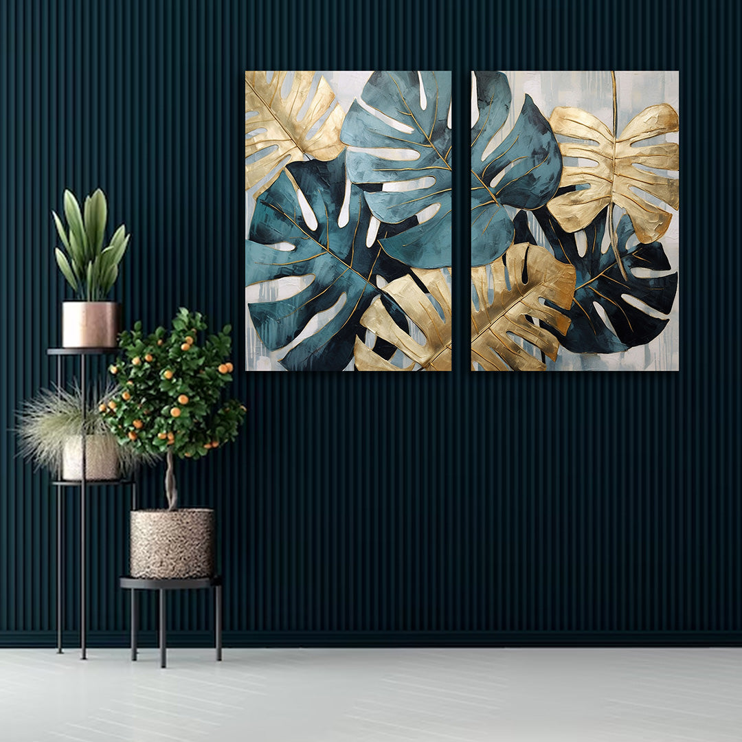 Monstera Leaf Canvas Wall Art 2 Panel Botanical Painting Decor (18 x 24 Inches Each Part)