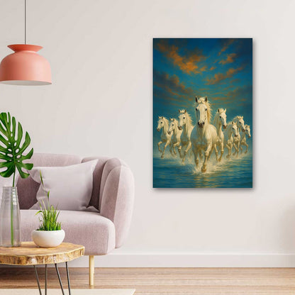 7 Running White Horses Sea Painting | Vastu Ocean Canvas Art for Home & Office Decor
