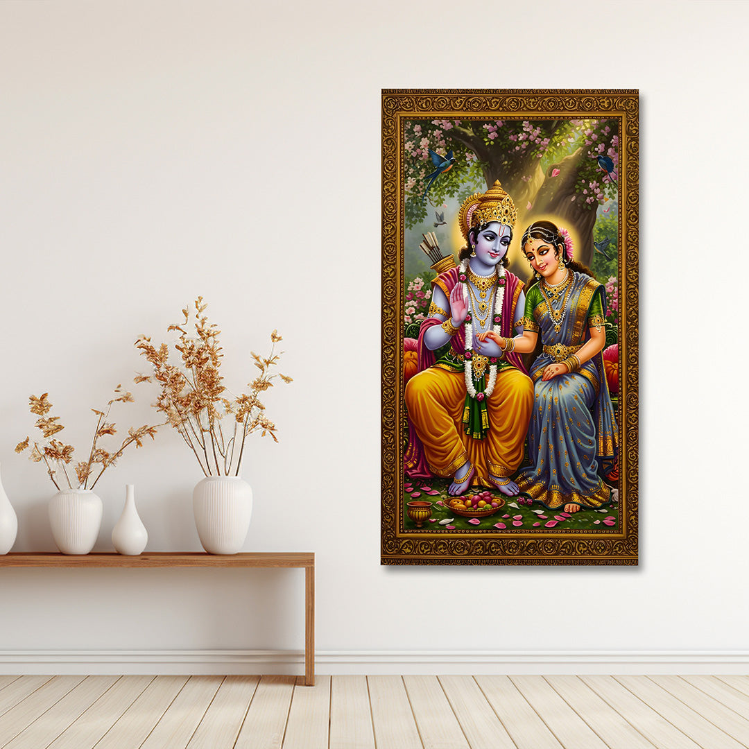 Ram Sita Canvas Wall Painting Frame with Decorative Border | Traditional Spiritual Wall Art for Living Room & Temple Decor | Large Size Divine Painting