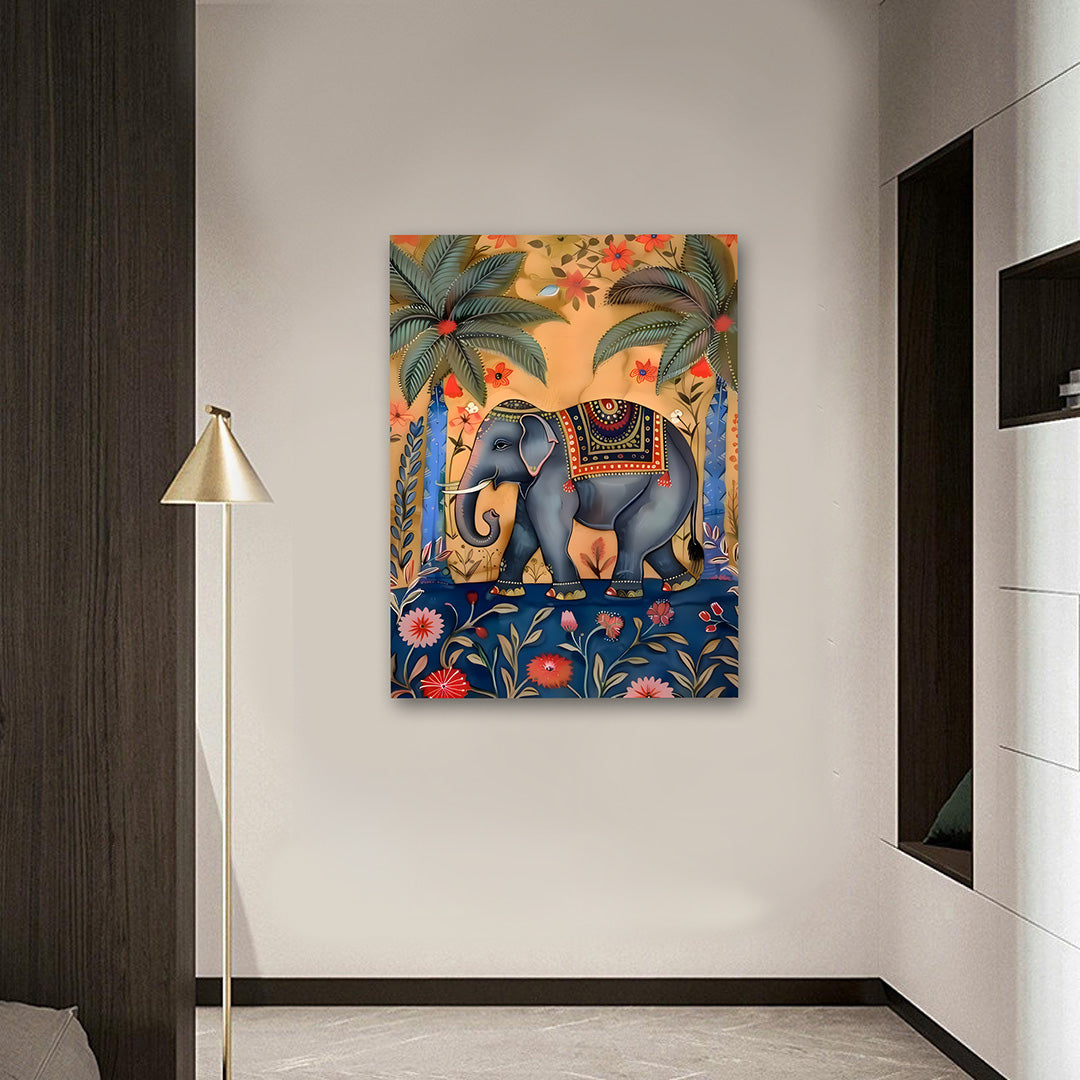 Elephant Canvas Wall Art | Traditional Indian Wildlife Painting for Home Decor, Living Room & Office