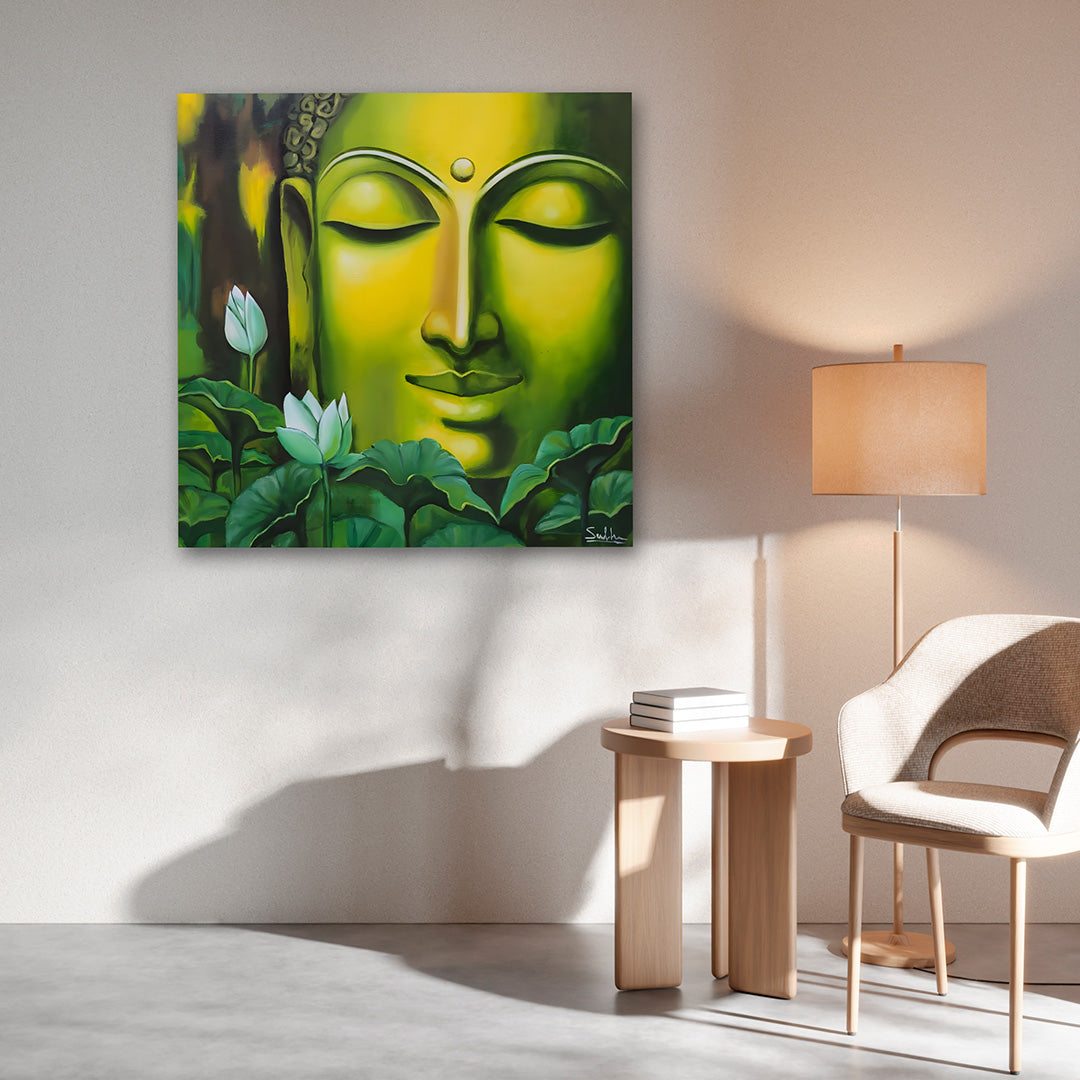 Green Buddha Face Wall Painting | Modern Spiritual Canvas Art for Living Room & Home Decor