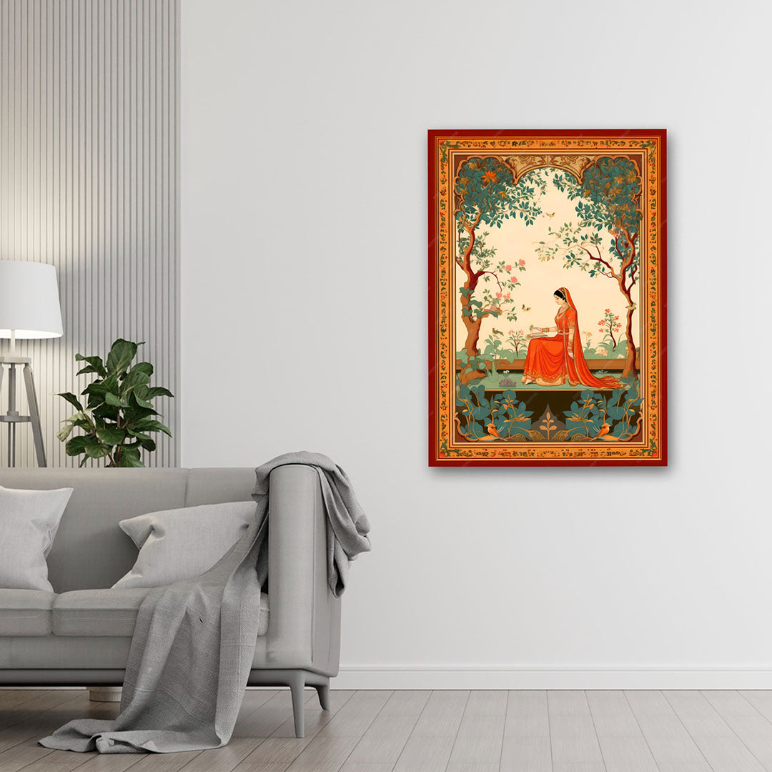 Traditional Indian Woman Garden Scene Canvas Painting – Vintage Ethnic Wall Art Canvas Painting Frame for Living Room