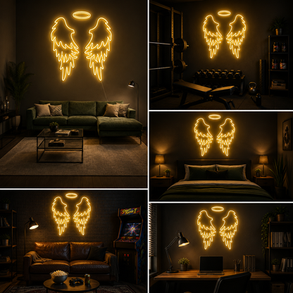 Golden Angel Wings with Halo Custom Neon Sign Board | Luxury Neon Light Board | Custom Neon Light | Neon Sign Board Customised (48 By 48 Inches)