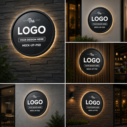 LED Circular Backlit Logo Sign Black Acrylic Round Wall Sign with Halo Lighting for Office and Commercial Branding