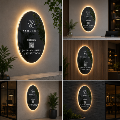 LED Oval Acrylic Logo Sign Backlit Halo Wall Sign with Custom Text for Salon Spa Clinic and Boutique Branding