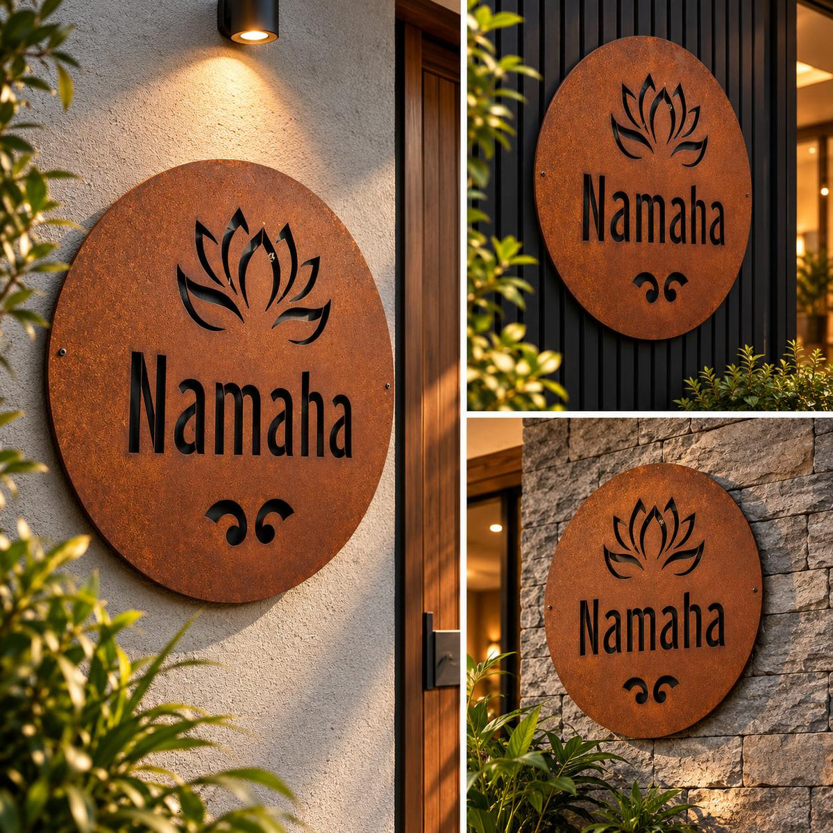 Custom Rust Finish Round Metal House Name Plate with Lotus Design and Personalised Text