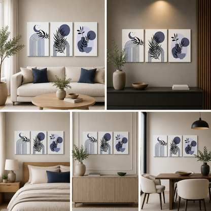Abstract Moon Botanical Wall Art Set of 3 Panels | Minimalist Blue Leaf Canvas Painting | Acrylic UV Printed Wall Decor for Living Room Bedroom (18 x 24 Inches Each Part)