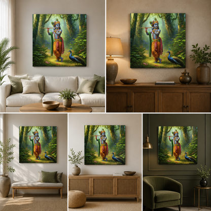 Krishna with Peacock Forest Canvas Painting Frame Wall Decor for Living Room Spiritual Artwork